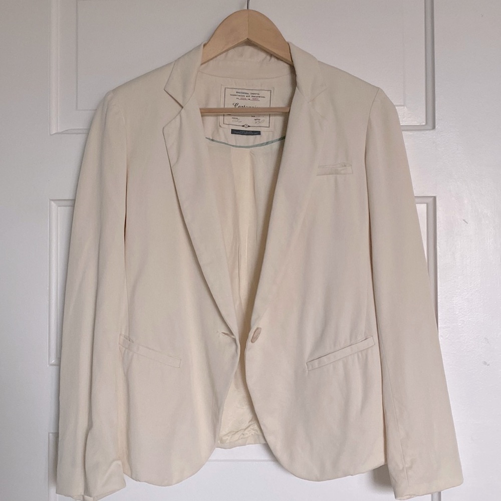 ANTHROPOLOGIE CARTONNIER Ivory 100% Tencel Front Button Up Blazer Women’s 2